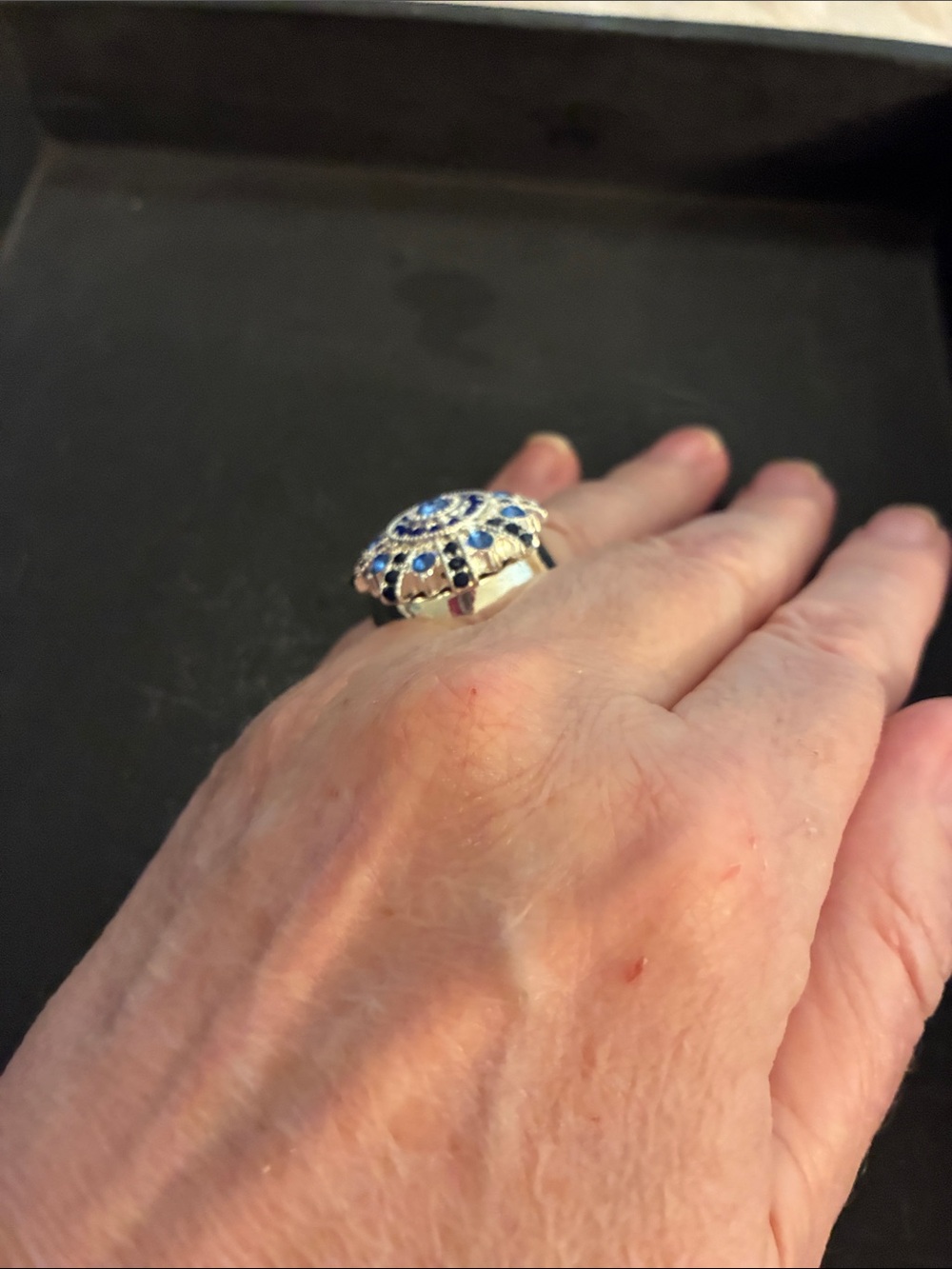 Silver Tone Bold Blue Crystal Statement Stretch Ring - Picture 9 of 11